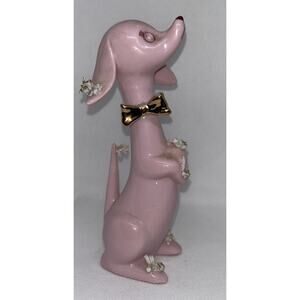 1950s Thames Japan Pink Dog Figurine Rhinestone Eyes & Gold Toned Bow 6”